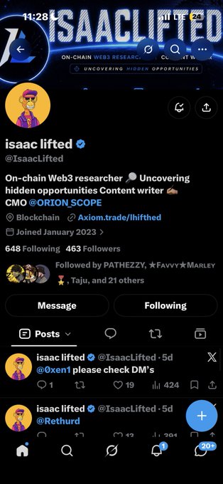 A Twitter/X profile page for 'isaac lifted' (@IsaacLifted), describing himself as an on-chain Web3 researcher and content writer, CMO at @ORION_SCOPE, with 648 Following and 463 Followers.