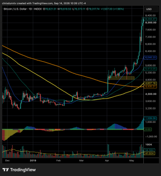 A TradingView chart displays Bitcoin/USD price action on a daily timeframe, showing moving averages, MACD, and RSI indicators with prices ranging in the $6,200-$6,600 area.