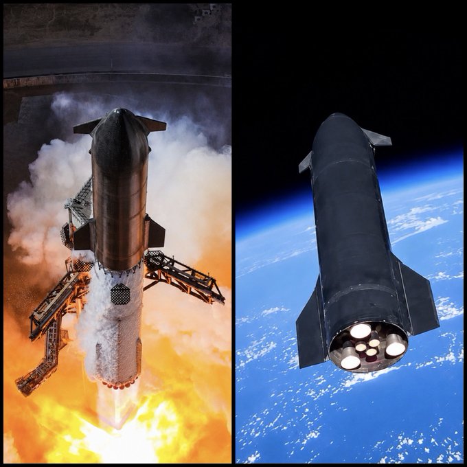 A split-image shows a SpaceX Starship rocket during its fiery test launch on the left and in space above Earth with its engines ignited on the right, illustrating humanity's journey from terrestrial manufacturing to orbital exploration.