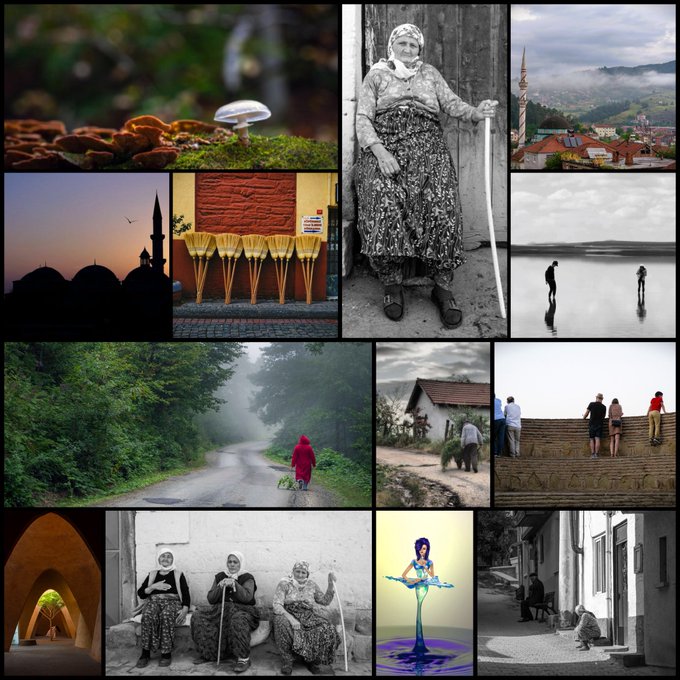 A collage of twelve diverse photographs showcasing nature, landscapes, people, an elderly woman with a cane, a mosque silhouette at sunset, brooms against a wall, people on a pier, and a stylized illustration of a woman.