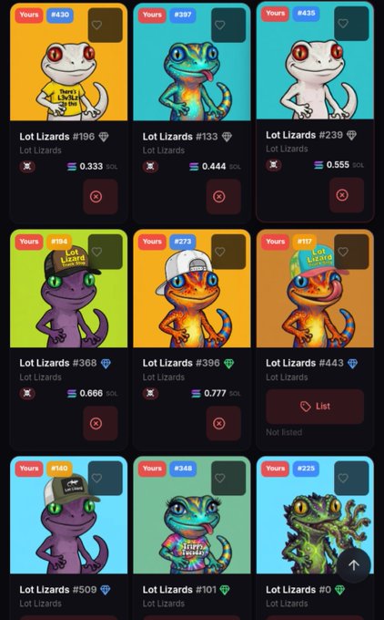 A grid of nine 'Lot Lizards' NFT listings on a marketplace platform, showing various colorful lizard characters with numbered badges (e.g., #430, #397, #435), prices in SOL (Solana), and ownership tags indicating 'Yours'. Some listings are marked as 'Not Listed' while others display active prices ranging from 0.333 to 0.777 SOL.