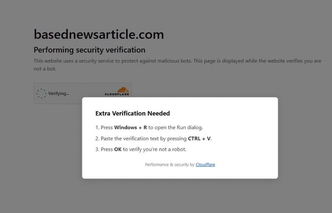 A screenshot shows a fake Cloudflare verification page on "basednewsarticle.com" displaying instructions to press Windows + R, paste with CTRL + V, and press OK—an instruction that would trick users into executing potentially harmful commands via the Run dialog, illustrating the social engineering scam the poster fell victim to.