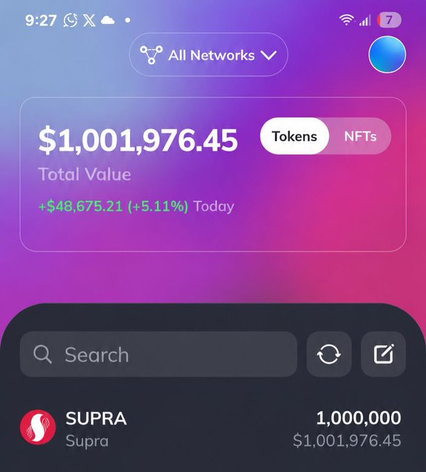 A crypto wallet screenshot shows a total value of $1,001,976.45 with today's gain of +$48,675.21 (+5.11%), highlighting 1,000,000 $SUPRA tokens valued at $1,001,976.45, visually representing the generous crypto gift described in the post.