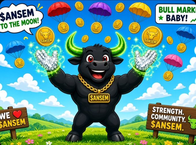 A cartoon advertisement for "$ANSEM" featuring a muscular bull wearing diamond gloves and gold chains, surrounded by parachuting coins and signs reading "WE LOVE $ANSEM" and "BULL MARKET BABY!".