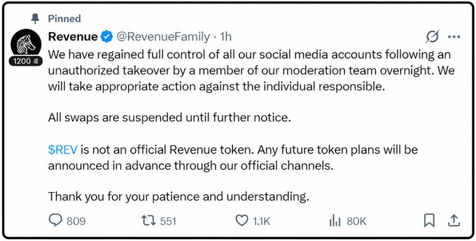 A pinned tweet from Revenue (@RevenueFamily) states they have regained control of their social media following an unauthorized takeover, suspending all swaps and clarifying $REV is not an official token.