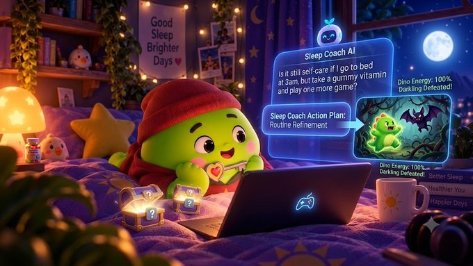 The same green character wearing a red beanie on a bed with a laptop, showing a 'Sleep Coach AI' chat about 'Sleep Coach Action Plan: Routine Refinement' and a 'Dino Energy' game screen.