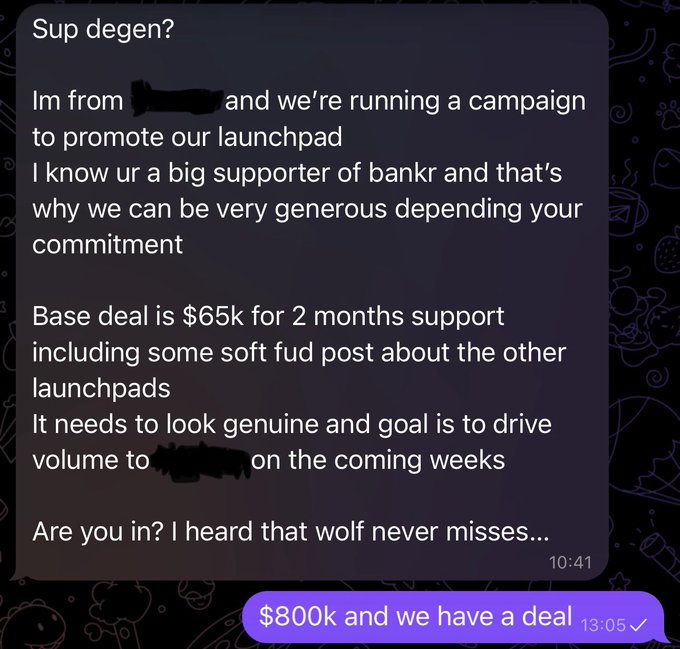Screenshotted direct message offering $65k for 2 months of promotional support for a crypto launchpad, counter-offered with '$800k and we have a deal.'