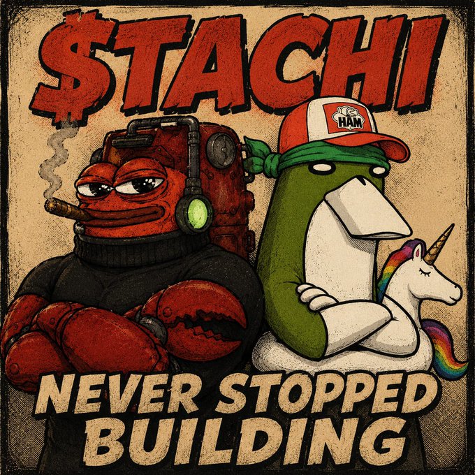 A retro grungy poster with bold red text "$TACHI" featuring cartoon mascots: a red crab-like creature smoking a cigar wearing headphones, and a green frog character holding a unicorn, with "NEVER STOPPED BUILDING" text at the bottom.