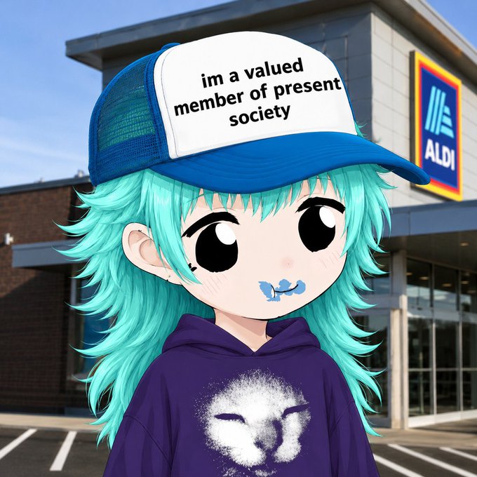 An anime-style illustration of a cyan-haired character with a blue mustache wearing a blue and white trucker hat that reads 'im a valued member of present society' and a purple hoodie, standing in front of an ALDI store.