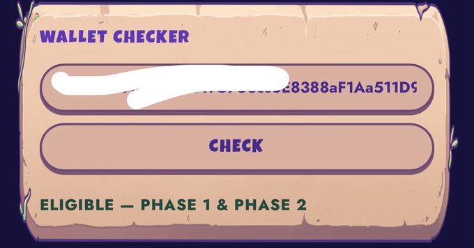 A 'WALLET CHECKER' interface with a CHECK button, showing partial text '28388aF1Aa511D5' and text 'ELIGIBLE — PHASE 1 & PHASE 2' at the bottom.