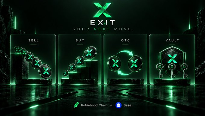The image is a promotional graphic for "EXIT – YOUR NEXT MOVE," a platform built on Robinhood Chain + Base, featuring four glowing green panels labeled SELL, BUY, OTC, and VAULT, each displaying X-branded tokens and coins. The accompanying post explains how EXIT's SELL function helps users avoid price slippage by splitting large token sales into smaller executions that deliver proceeds directly to the user's wallet.