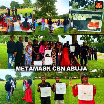 A collage of photos from a 'METAMASK CBN ABUJA' community event in Abuja, showing groups of people outdoors holding certificates and a banner.