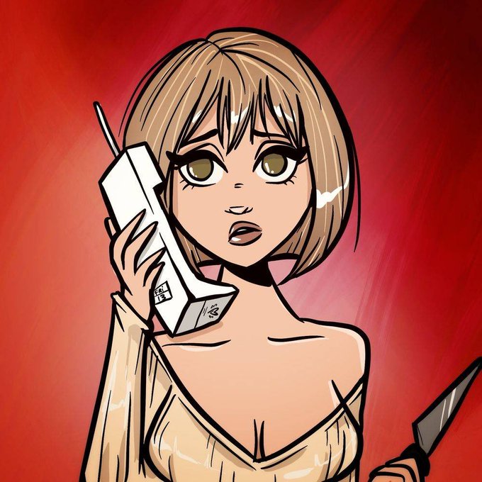 An anime-style drawing of a young woman with short brown hair holding a white retro cordless phone to her ear and a knife in her other hand, set against a red background.
