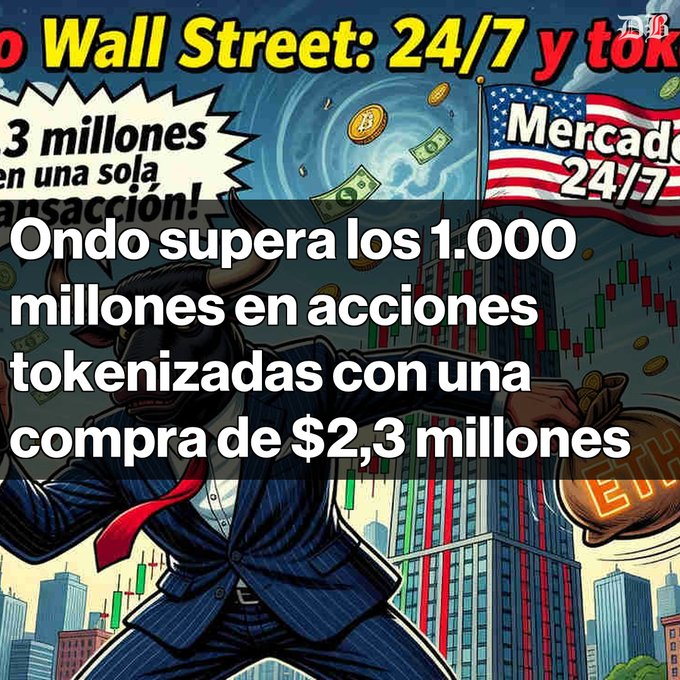 A cartoon bull in a suit stands before a financial skyline with an American flag; Spanish text reads 'Ondo supera los 1.000 millones en acciones tokenizadas con una compra de $2,3 millones'.