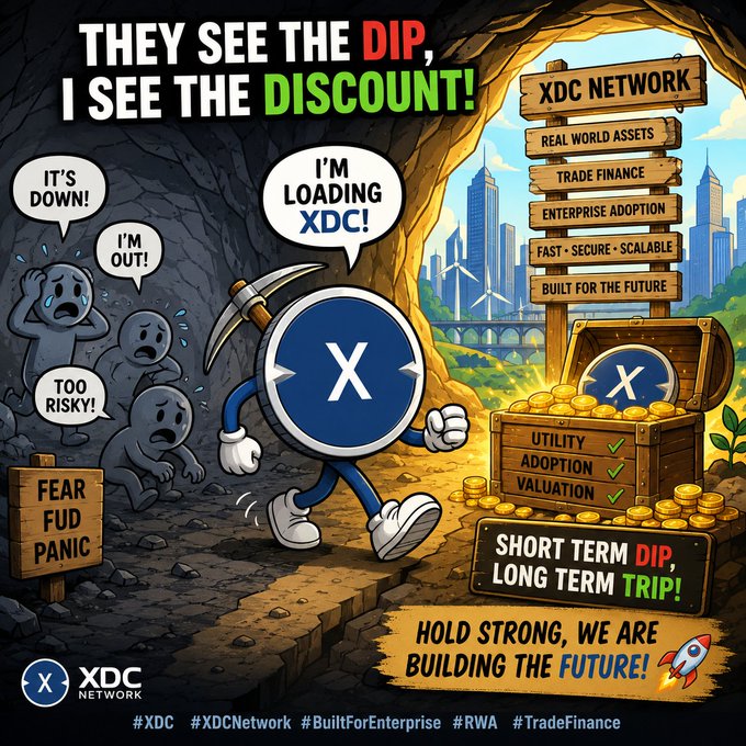 A promotional graphic for 'XDC NETWORK' featuring a cartoon coin character holding a pickaxe, with text including 'THEY SEE THE DIP, I SEE THE DISCOUNT!', 'XDC NETWORK', 'REAL WORLD ASSETS', and 'SHORT TERM DIP, LONG TERM TRIP!'.