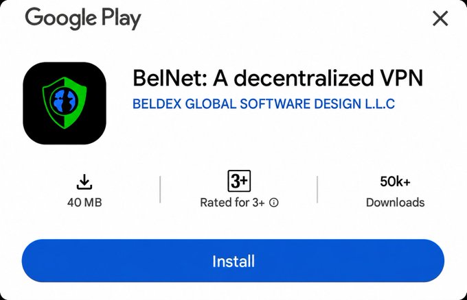 A Google Play store listing for 'BelNet: A decentralized VPN' by BELDEX GLOBAL SOFTWARE DESIGN L.L.C., showing 50k+ downloads and an Install button.
