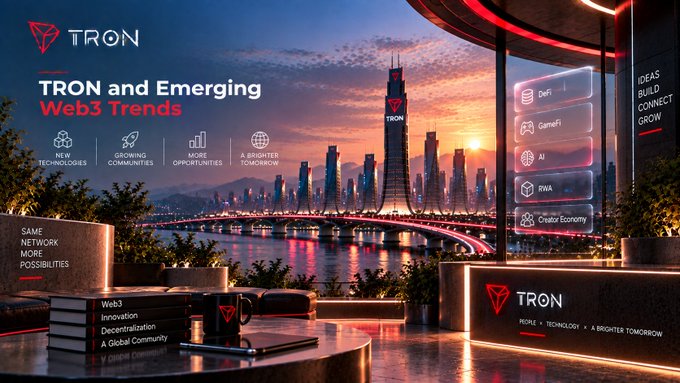 A TRON promotional graphic about "TRON and Emerging Web3 Trends" featuring a city skyline at sunset with categories like DeFi, GameFi, AI, RWA, and Creator Economy displayed on a screen.
