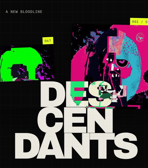 A vibrant glitch-art promotional graphic for the "Descendants" collection, featuring neon pink, green, and blue distorted skull imagery alongside the text "A NEW BLOODLINE" and the numbers "067" and "001/S," reflecting the ongoing mint of an XCOPY derivative art collection.