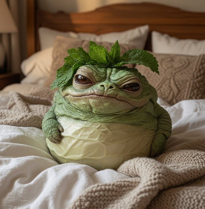 A digital illustration of a chubby green frog-like creature with mint leaves on its head sitting on a bed with beige blankets and pillows.