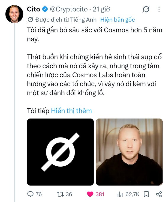 A screenshot of a tweet from Cito (@Cryptocito) written in Vietnamese discussing his involvement with Cosmos for over 5 years, including an image with the Cosmos logo and his photo, showing 381 likes and 62.7K views.