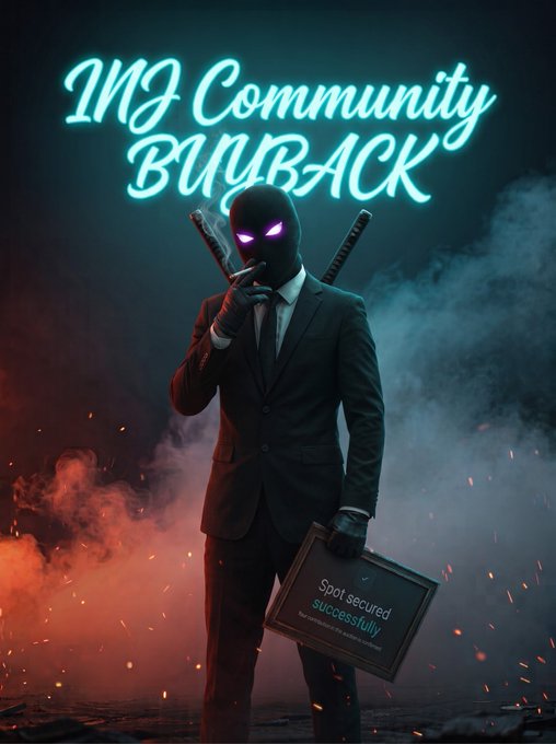 A stylized masked figure in a suit holds a briefcase reading “Spot secured successfully,” beneath the glowing headline “INJ Community BUYBACK.”
