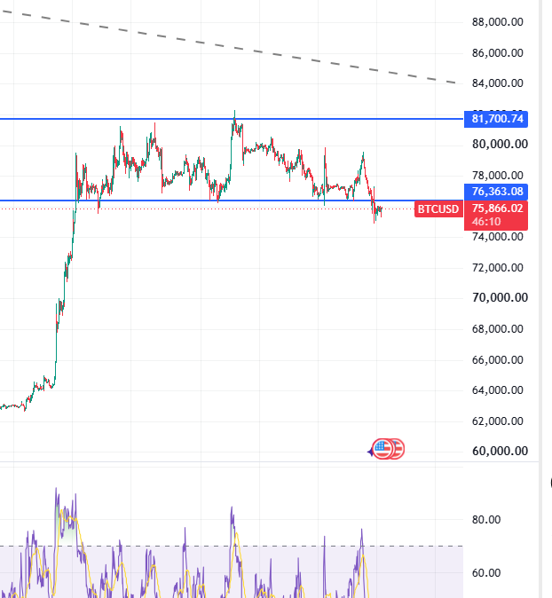 A cryptocurrency price chart showing BTCUSD at 75,866.02, with a horizontal support level marked at 81,700.74 and a flag pattern formation.