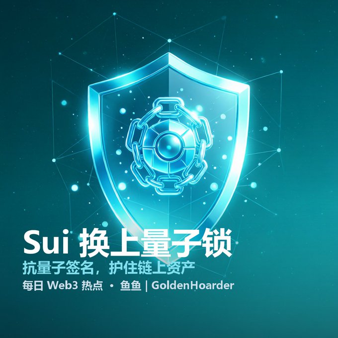 A futuristic blue graphic featuring a glowing shield with a quantum/tech design, with Chinese text 'Sui 换上量子锁' (Sui puts on quantum lock) and '每日Web3热点 · 鱼鱼 | GoldenHoarder' branding.