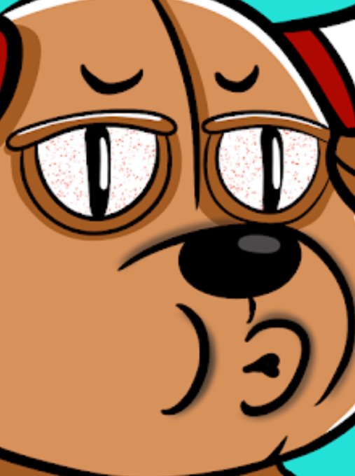 A close-up cartoon illustration of a brown dog character with sleepy, bloodshot eyes and a frowning expression.
