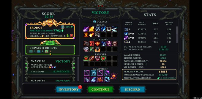 A 'VICTORY' screen from a video game showing a score of 203.79 for the character 'FRODOS' playing the OCEANUS class, with detailed stats including 1,873,579 total damage and 707 DPS.