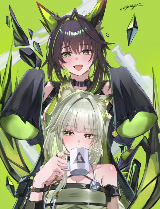 The image shows two anime-style characters from Arknights: Mon3tr (the dark-haired character with green eyes, cat-like ears, and a choker) looms behind Kal'tsit (the pale-haired character drinking from a mug featuring Mon3tr's silhouette). The illustration, set against a vibrant green background, highlights Mon3tr's iconic presence as Kal'tsit's loyal but fierce companion and protector.