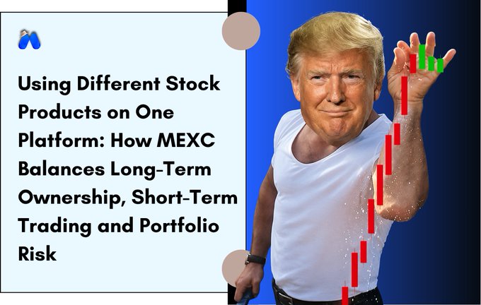The image shows Donald Trump sprinkling salt with a stock chart overlay on his arm, next to text discussing how MEXC balances long-term ownership and short-term trading. This visual satirically represents the volatile nature of the stock market and the challenge of balancing investment strategies, as described in the accompanying post.