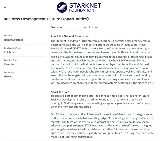 A job listing for 'Business Development (Future Opportunities)' at the Starknet Foundation, located remote in Portugal, full time, in the Growth department. The role supports BTCFi adoption and ecosystem-level scaling.