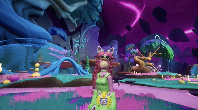A video game screenshot featuring a furry, fox-like character in a green outfit with star-shaped sunglasses standing in a vibrant, purple-hued fantasy landscape.