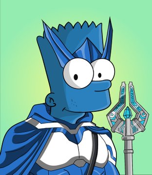 A cartoon-style illustration depicts a blue-skinned, spiky-haired character with large white eyes wearing armor and a cape, holding an ornate staff with a glowing blue gem against a light green background.
