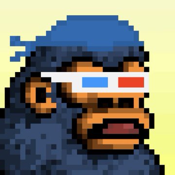 Pixel art portrait of a character wearing a blue bandana and red-blue 3D glasses against a pale yellow background.