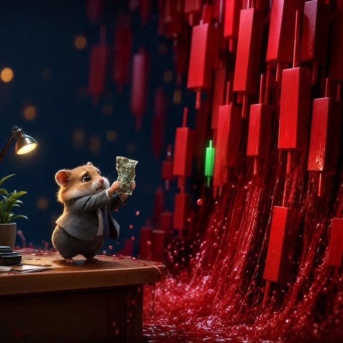 A 3D-rendered image of a hamster in a business suit holding a dollar bill, standing at a desk with a lamp. Behind the hamster is a dramatic scene of a stock market crash with red bars/candlesticks and a single green bar, with red liquid flowing.