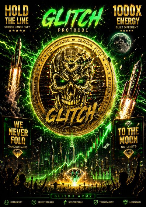 The image features a poster for a cryptocurrency called Glitch, which has a skull design at its center. The poster includes text that promotes the coin's liveliness, early entry, strong community, and low MCAP (Minimum Capability Points). It also mentions that the coin is buyable on PumpFun and Solana platforms.