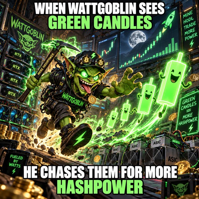 A cartoon-style graphic features a green goblin character labeled 'WATTGOBLIN' chasing glowing green candles, with text reading 'WHEN WATTGOBLIN SEES GREEN CANDLES' and 'HE CHASES THEM FOR MORE HASHPOWER' alongside Bitcoin logos and crypto mining equipment.