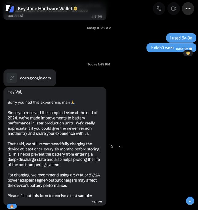 A Telegram chat screenshot showing customer support from Keystone Hardware Wallet addressing battery charging issues with a 5V-3A charger.