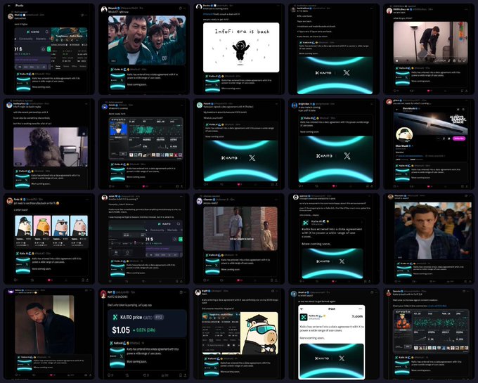 A collage of social media/X posts about the Kaito crypto platform, showing various memes, charts, and commentary posts.