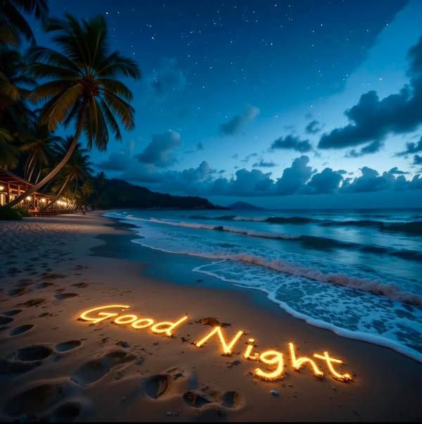 A serene nighttime beach scene features palm trees silhouetted against a starry sky, with the glowing words 'Good Night' written in the sand near the water's edge.