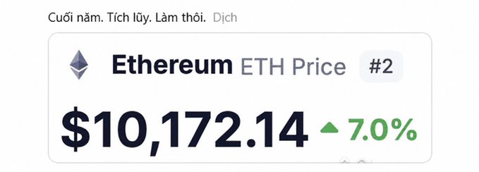 A crypto price tracker widget showing Ethereum (ETH) priced at $10,172.14, ranked #2, with a 7.0% increase indicated by a green upward arrow. Vietnamese text 'Cuối năm. Tích lũy. Làm thôi. Dịch' appears at the top.