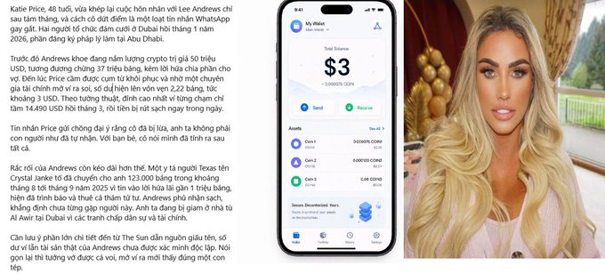 A screenshot of Vietnamese text discussing cryptocurrency (referencing Katie Price, Lee Andrews, Dubai, Abu Dhabi, and Texas) alongside an image of a Coinbase wallet interface showing $3 in balance and an image of a blonde woman in a pink top.