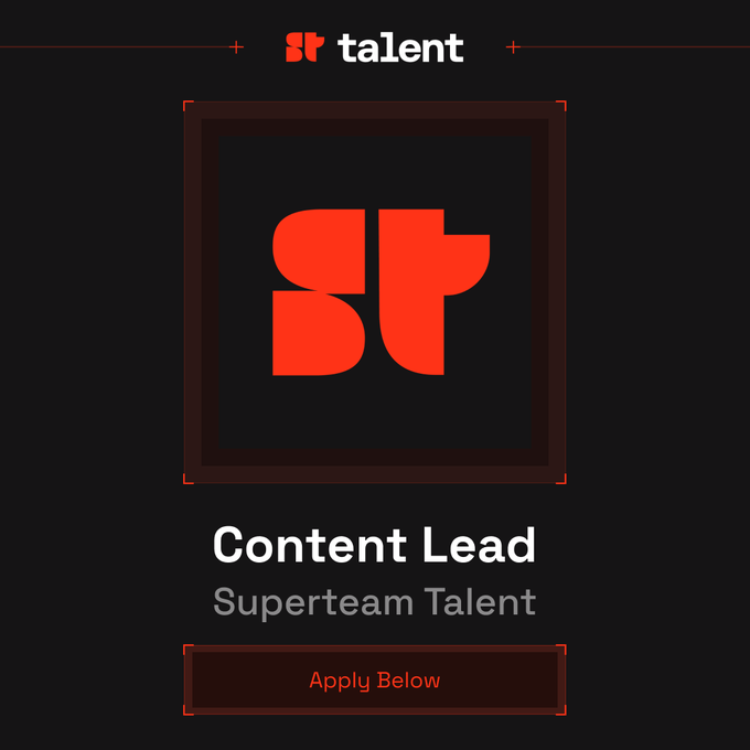 A black promotional graphic features a red stylized 'ST' logo and advertises a 'Content Lead' position at 'Superteam Talent' with an 'Apply Below' button.