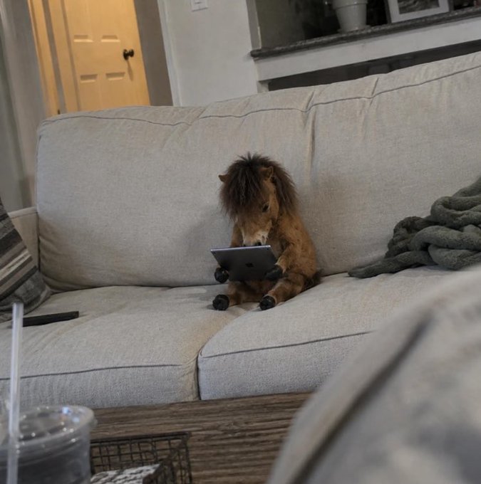 A cute plush horse toy sits upright on a beige couch, appearing to use a small tablet device.