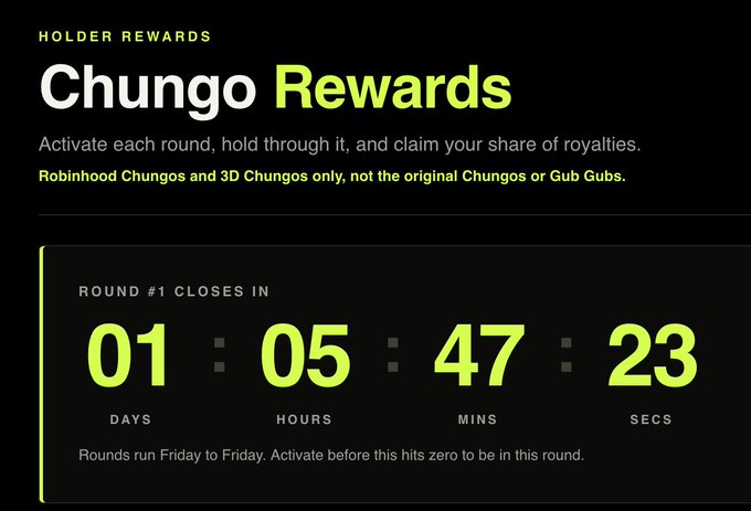 A promotional graphic titled 'Chungo Rewards' showing a countdown timer for 'ROUND #1' closing in 01 days, 05 hours, 47 minutes, and 23 seconds.