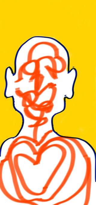 An abstract line drawing of a human figure in white outline on a yellow background, with orange scribbled lines suggesting internal complexity.