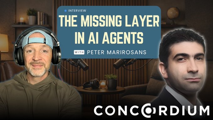The image features a man wearing headphones, possibly listening to an interview with Peter Marirosoas about AI agents. The background of the image shows a room with a couch and potted plants placed around it. There are also two microphones visible in the scene, one near the center-left side and another towards the right edge of the image.