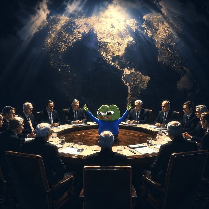 A Pepe the Frog character in a suit stands at the center of a round table with arms raised, surrounded by serious-suited officials, set against a dramatic illuminated world map. The image humorously riffs on "gm predictors" by depicting Pepe as a confident forecaster leading a high-stakes global prediction summit.