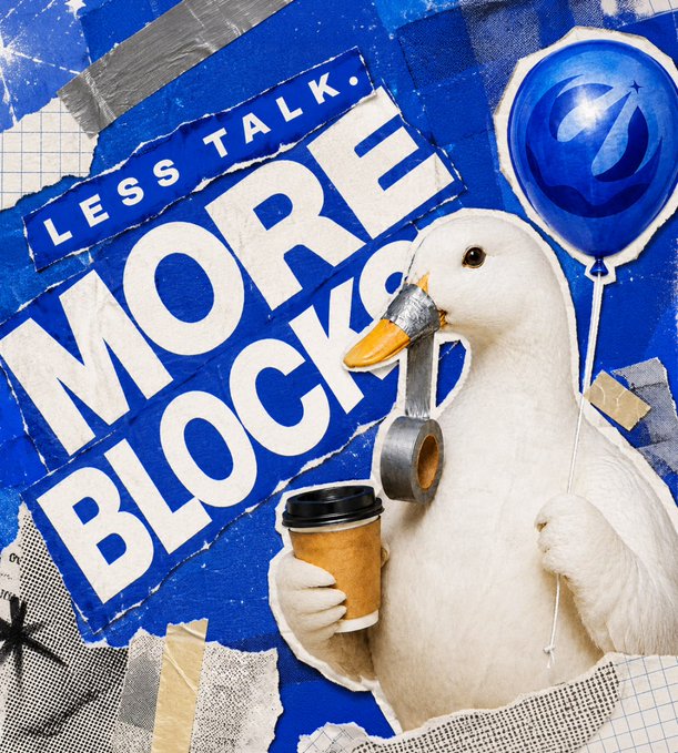 A collage-style graphic featuring a white duck holding a coffee cup and duct tape, with bold text reading 'LESS TALK. MORE BLOCKS.' over a blue background.
